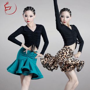 拉丁舞蹈练功服女童豹纹裙莫代尔上衣长短袖儿童表演少儿专业比赛