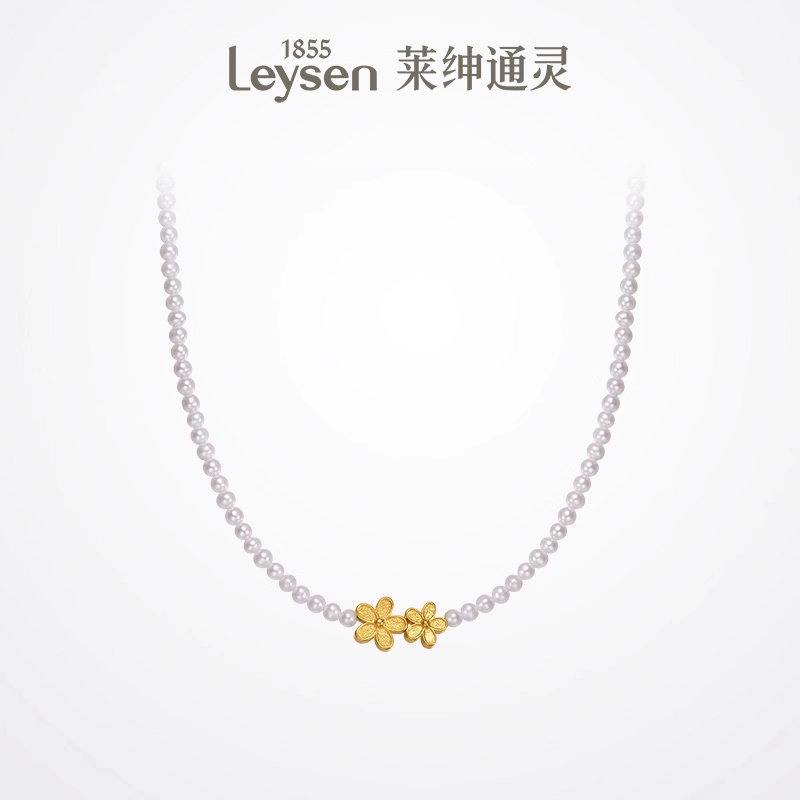 莱绅通灵黄金珍珠项链 足金淡水珍珠小米珠锁骨链花朵 桃花灼灼