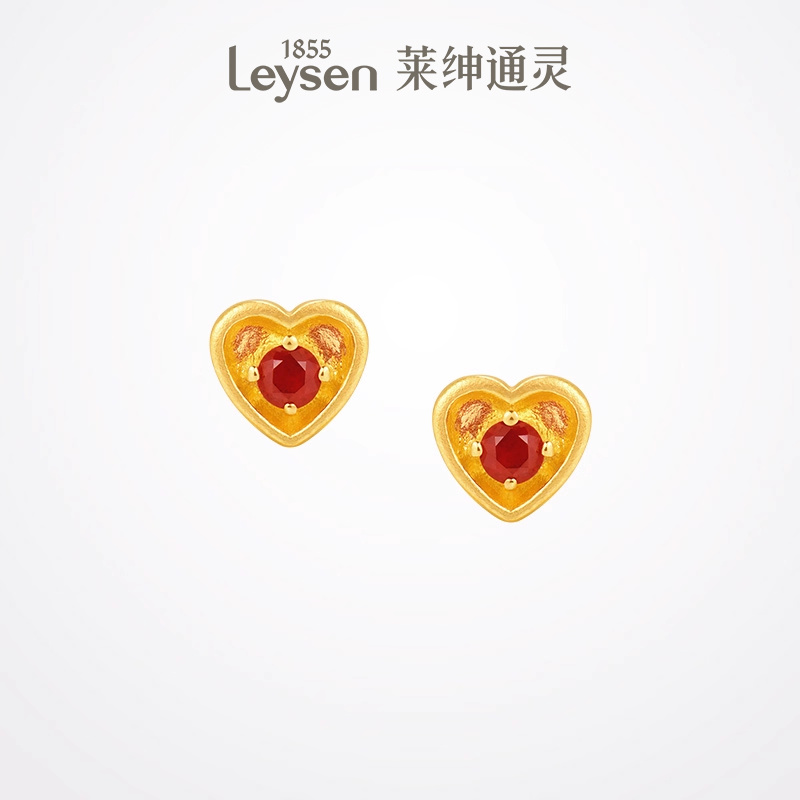 【9月新品】莱绅通灵蜜糖系列爱心足金999古法黄金红宝石耳钉