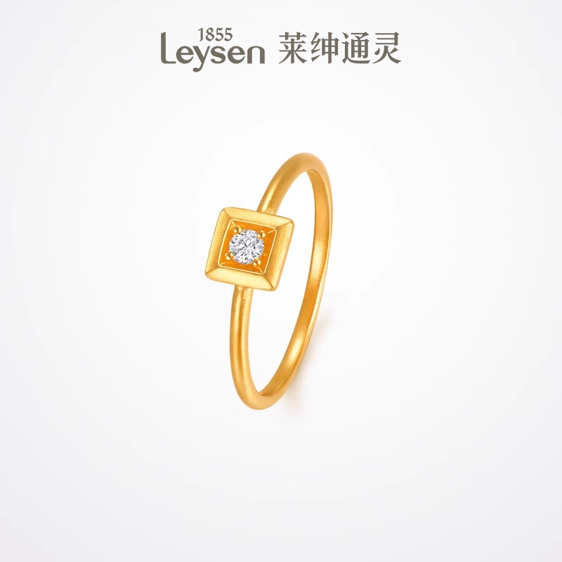 莱绅通灵 蜜糖系列方糖999足金古法黄金钻石戒指女戒