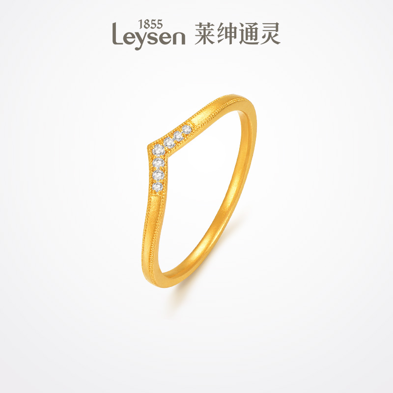【新品】莱绅通灵 V字 古法黄金足金999钻石戒指排戒群镶