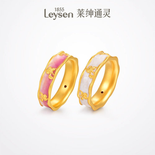 莱绅通灵计价黄金 足金戒指古法粉白珐琅彩女款 传世金鸢