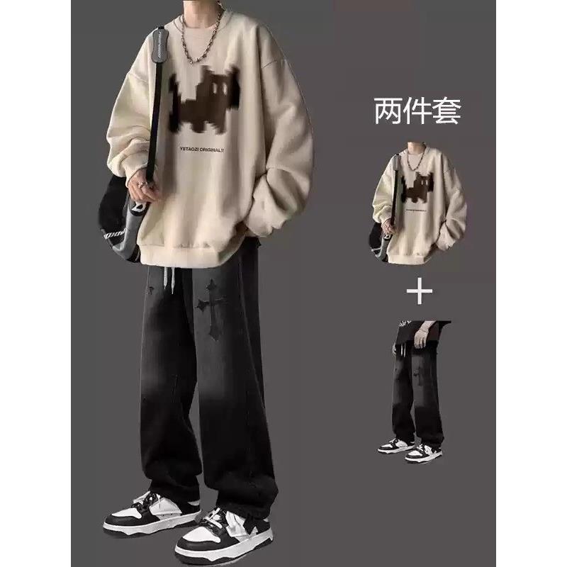 潮牌休闲套装男士秋冬季2025新款宽松圆领加绒卫衣牛仔裤穿搭一套