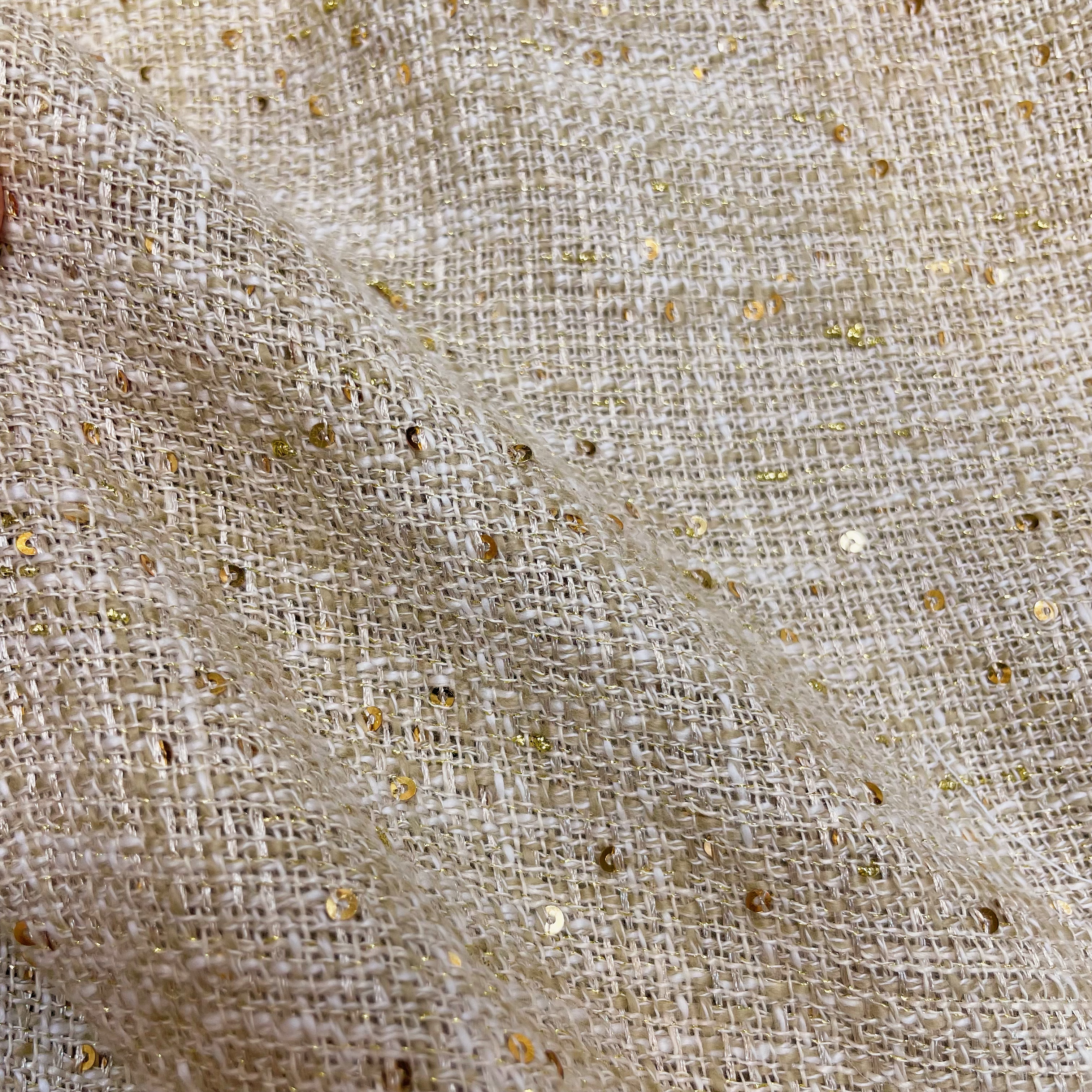 小香风布料 春夏新品 米金色手工 编织混纺粗花呢服装面料