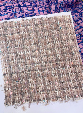 小香风布料 春季新品 粉灰色亮片手工编织混纺粗花呢服装面料