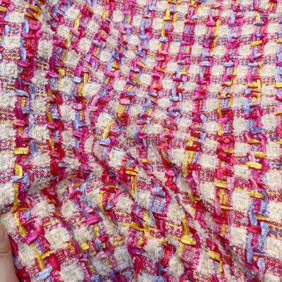 小香风布料 新品 红色手工编织混纺粗花呢服装面料呀