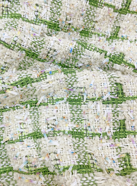 小香风布料 小雏菊 浅绿色格子 手感超赞混纺粗花呢服装面料