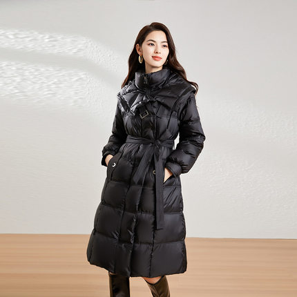 过膝显瘦连帽外套冬季2024新款时尚休闲甜美中长款收腰羽绒服女