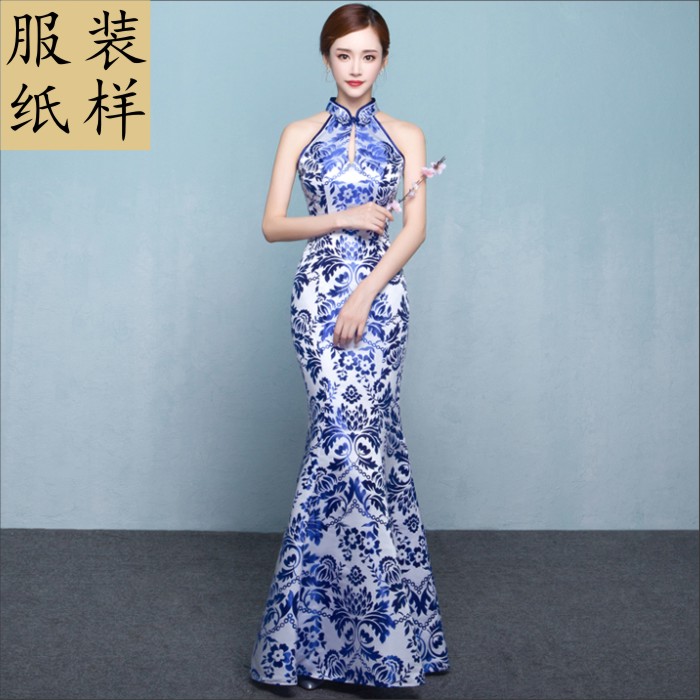 服纸样裁剪图女士立领露肩礼服鱼尾长裙纸样11缝纫硬纸裁剪版型