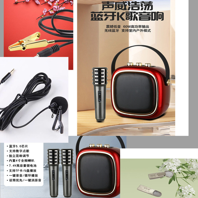 新款爱华露营家庭唱歌神器音箱单面双话筒超长待机蓝牙插卡U低音