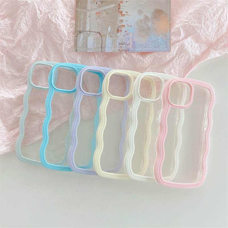 简约波浪边糖果色适用iPhone15Promax手机壳14Pro透明苹果13/12/11软壳硅胶防摔二合一背卡diy马卡龙
