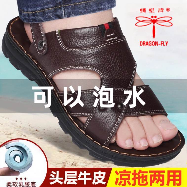蜻蜓牌凉鞋男子夏季新款底休闲沙滩鞋子真皮软底防滑两用凉拖鞋男