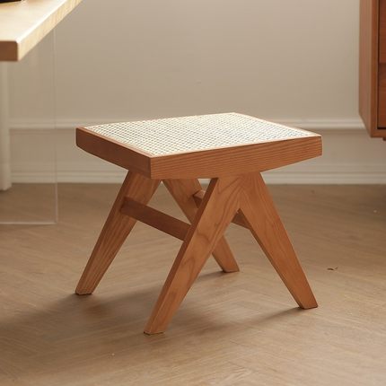 北欧藤编餐凳实木梳妆凳子现代简约客厅家用小板凳创意方凳换鞋凳