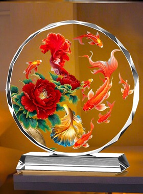 九鱼聚财招财图花开富贵八角圆框牡丹摆件客厅玄关家居酒柜装饰品