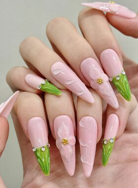 【柔粉优雅 】纯手工雕花粉色系高级美甲贴片杏仁甲欧美