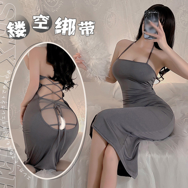 后背挖空交叉绑带连衣裙图片
