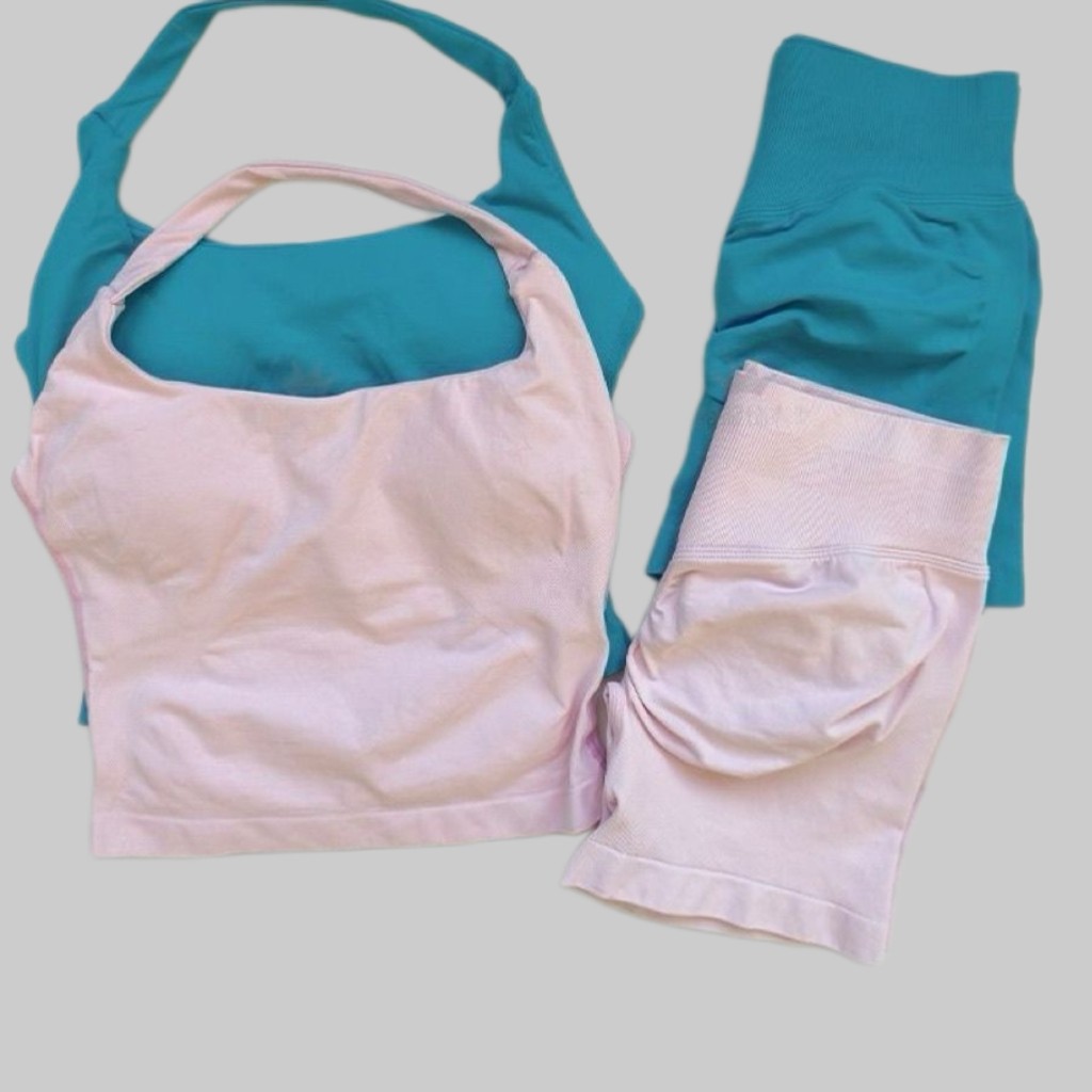 DF运动套装女跑步防震瑜伽方领上衣短裤套装健身训练背心外穿