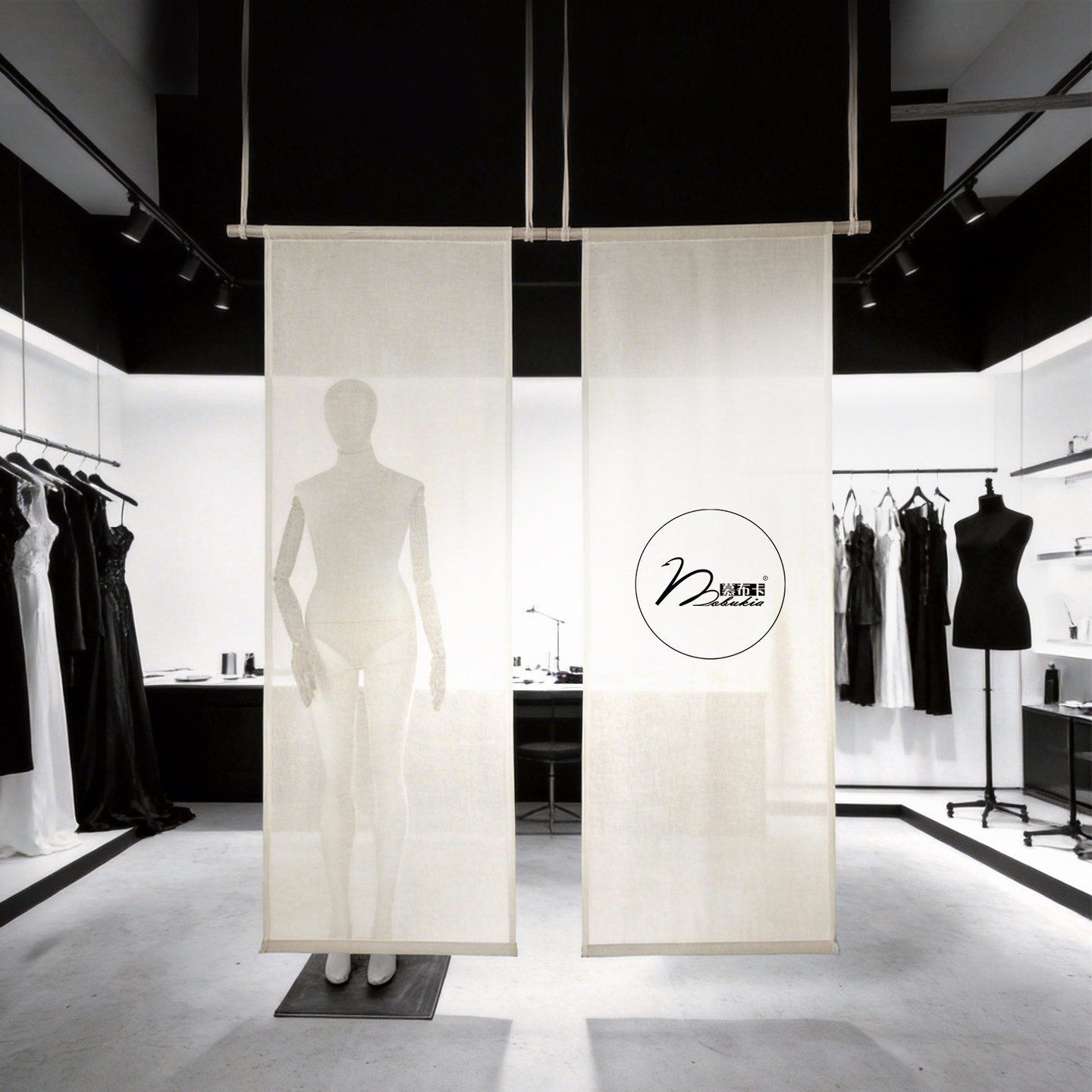 慕布卡原创亚麻服装店隔断帘软屏风商业橱窗半透光侘寂定制印LOGO