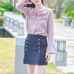 二圈半定制实拍春秋复古学院风娃娃领荷叶边喇叭袖棉纺长袖衬衫女