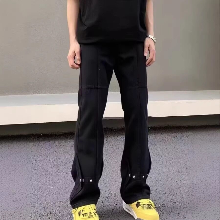 高街美式排扣黑色牛仔裤男直筒宽松微喇cleanfit痞帅显瘦vibe裤子