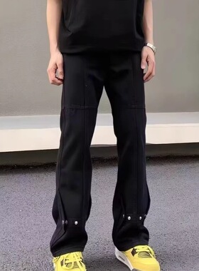 高街美式排扣黑色牛仔裤男直筒宽松微喇cleanfit痞帅显瘦vibe裤子