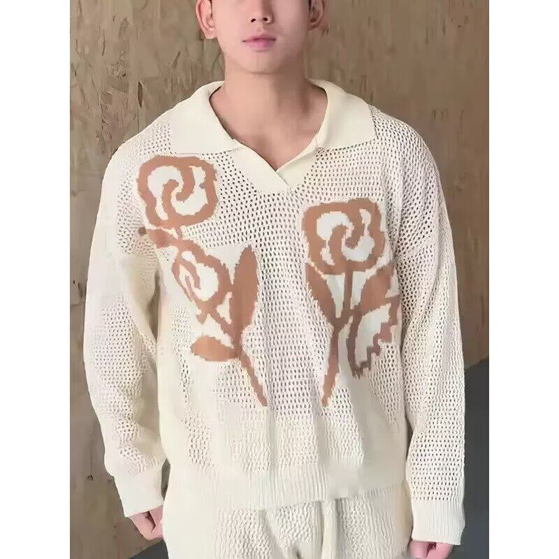 慵懒松弛感镂空针织长袖polo衫男夏季薄款防晒罩衫纯欲风T恤上衣