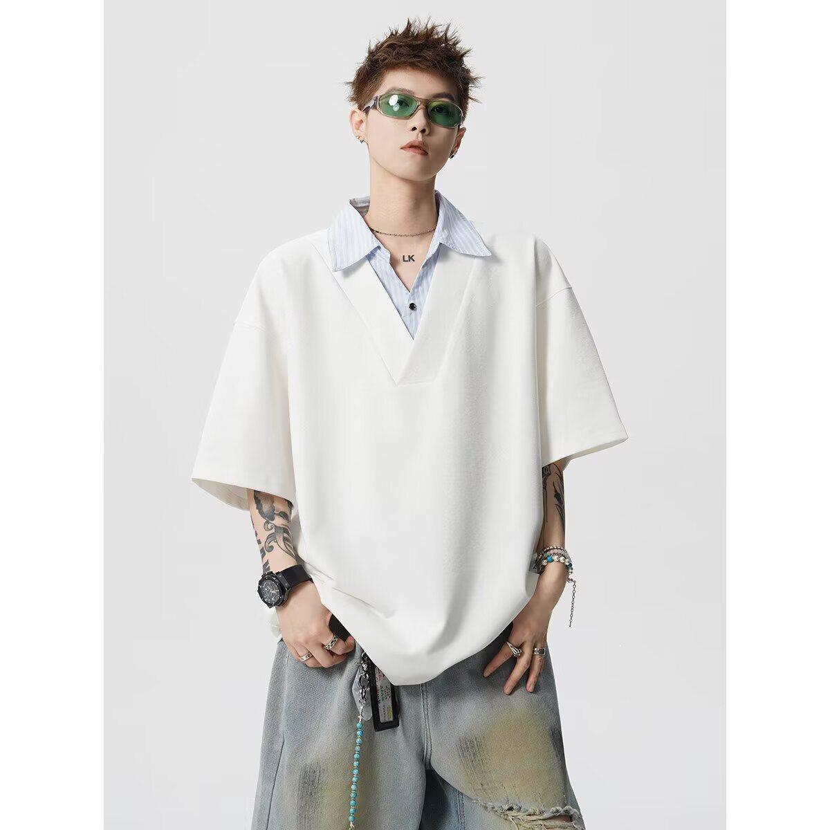 秋季简约拼接翻领衬衫V领韩版假两件短袖t恤男生半袖polo衫衣服潮