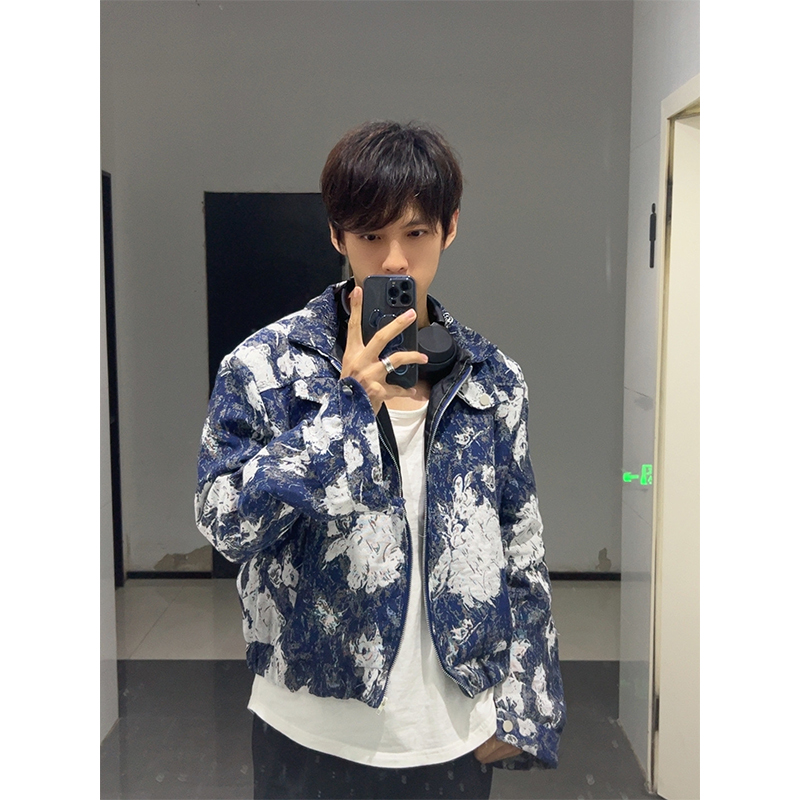 复古vintage提花短款垫肩牛仔外套男士高级设计感街头夹克衫褂子