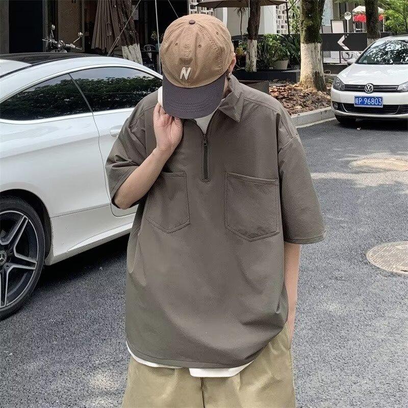 韩版工装POLO衬衫男生五分袖秋季高级感帅气个性短袖t恤中袖衬衣