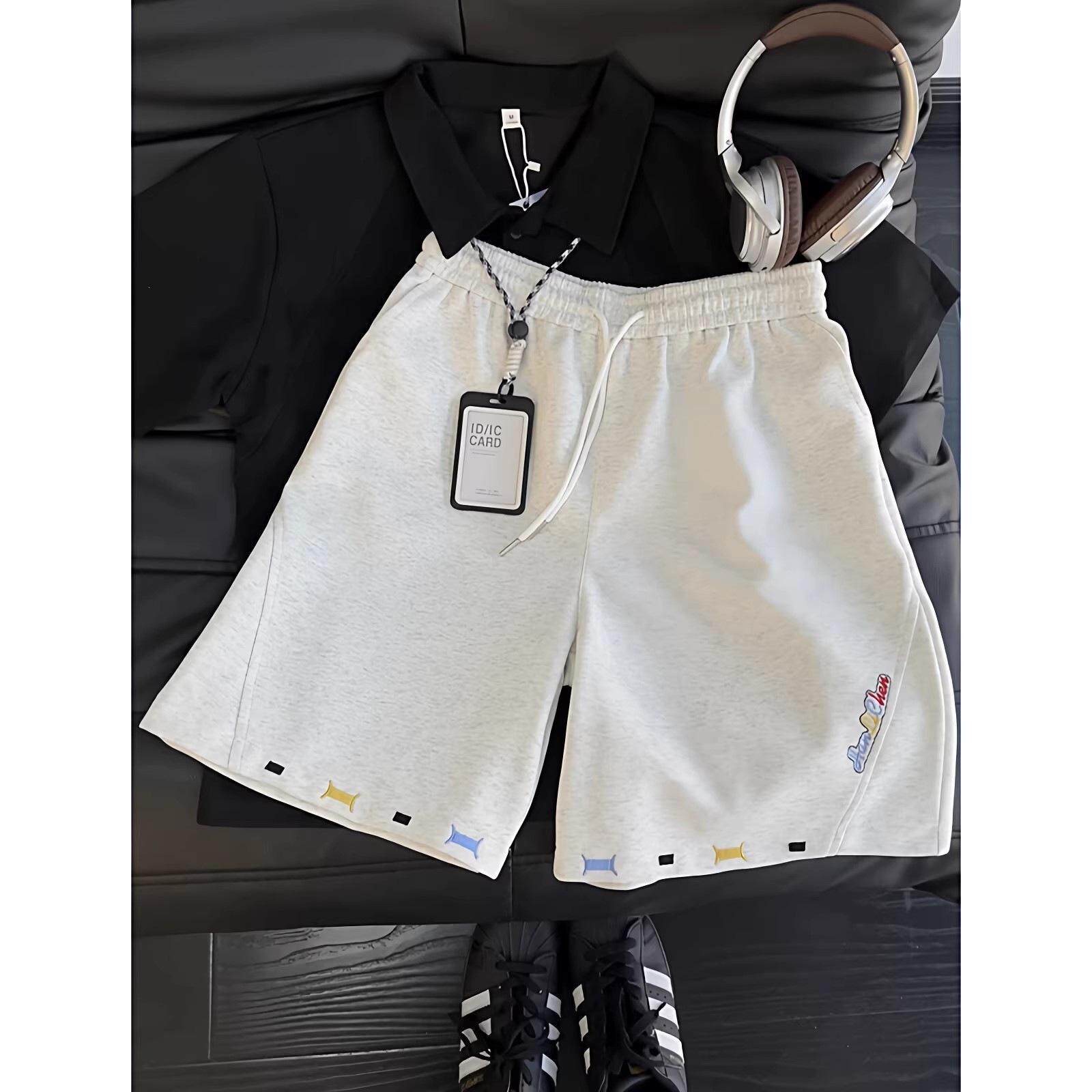 花灰色斜切刺绣运动短裤男款夏季重磅美式复古休闲卫裤阔腿五分裤