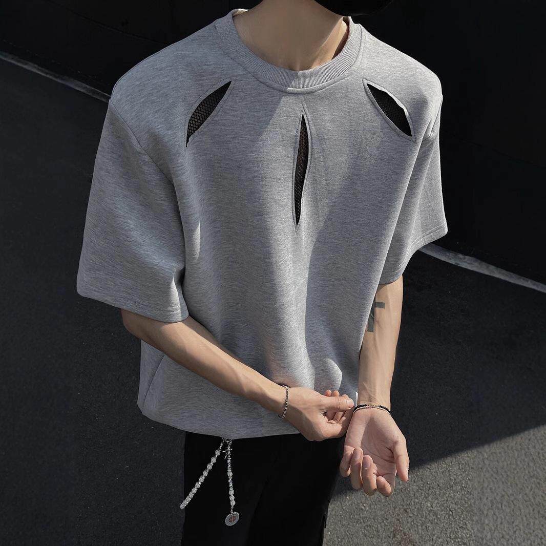 cleanfit镂空短袖T恤男夏季美式高级感痞帅重磅正肩垫肩体恤上衣