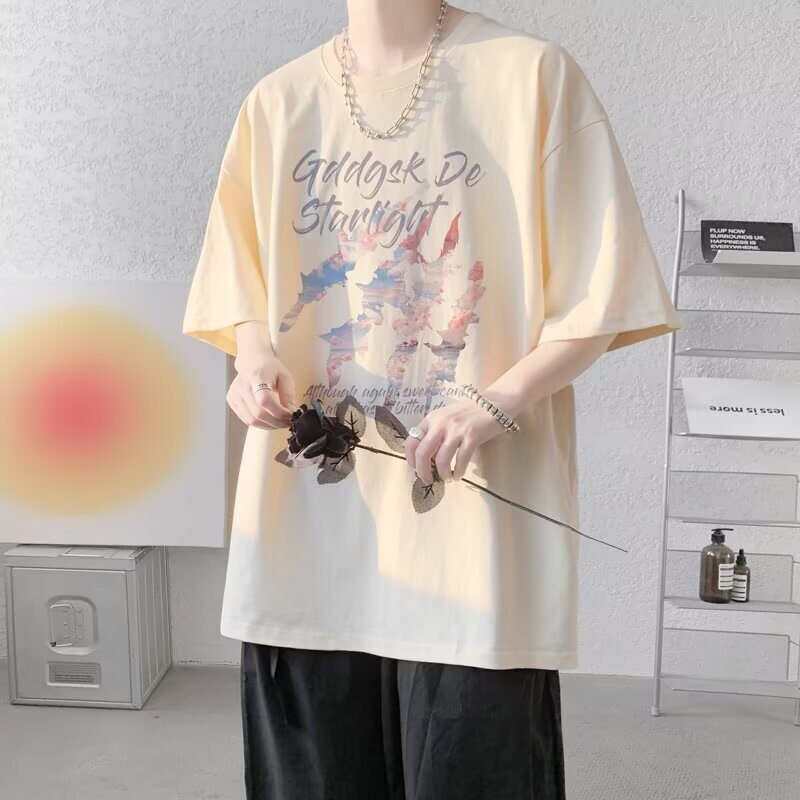 日系纯棉短袖t恤男装2026秋季新款潮牌字母印花宽松半袖体恤上衣
