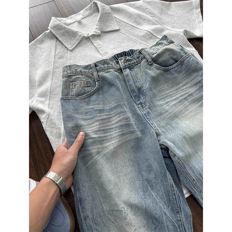 美式复古水波纹牛仔裤男早秋季直筒阔腿微喇裤高腰加长痞帅弯刀裤