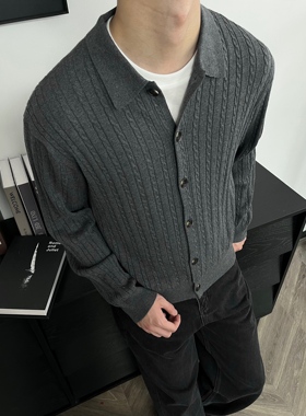 美式灰色老钱风开衫毛衣男秋季螺纹高级感针织衫叠穿男女休闲外套