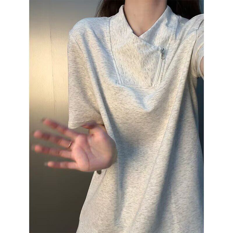 美式潮牌斜拉链正肩t恤男款夏季高级感立领重磅短袖内搭小众半袖