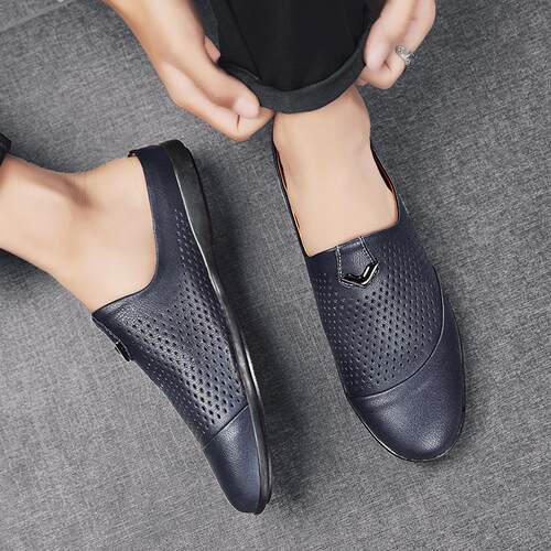 夏季男士包头半拖鞋英伦豆豆鞋男韩版镂空真皮休闲无后跟懒人皮鞋