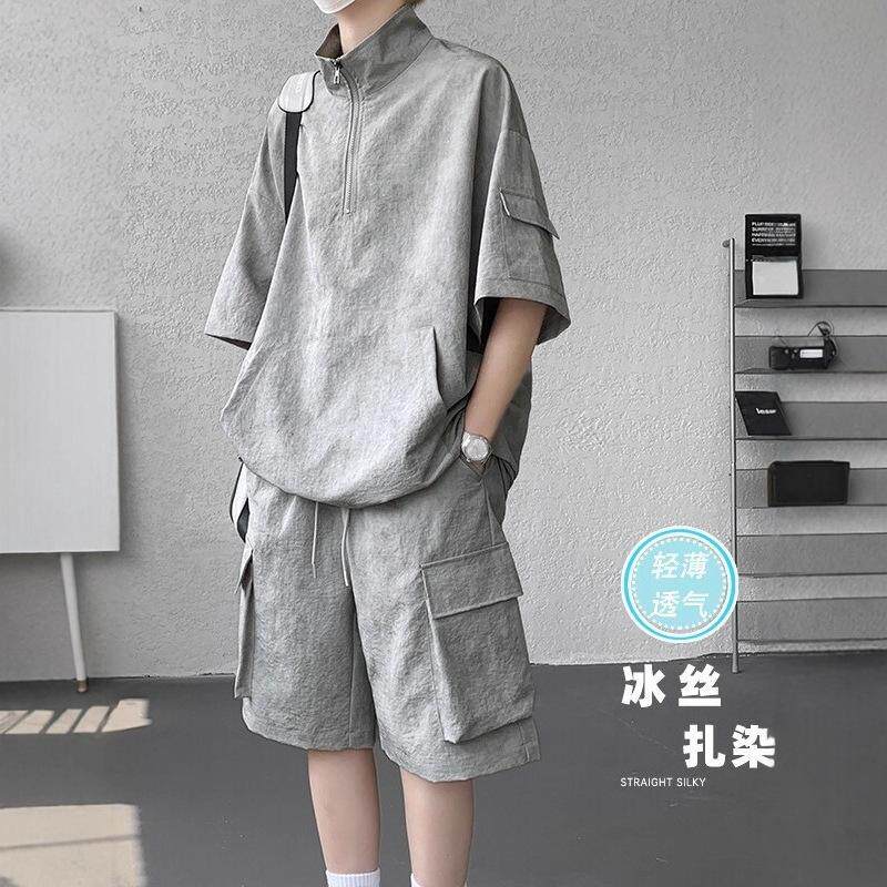 夏季运动套装男半拉链扎染冰丝短袖短裤青少年工装休闲搭配两件套