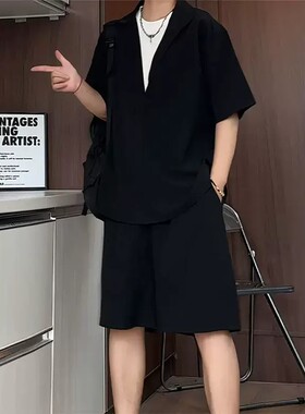 黑色假两件冰丝衬衫男秋季薄款痞帅高级感衬衣短袖短裤搭配两件套