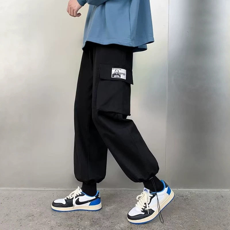 美式复古纯色工装裤男春秋季新款抽绳束脚裤hiphop大码流行裤子男