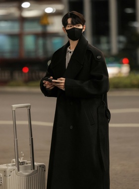 秋冬情侣装中长款毛呢大衣男女韩系英伦风衣外套男士休闲黑色宽松