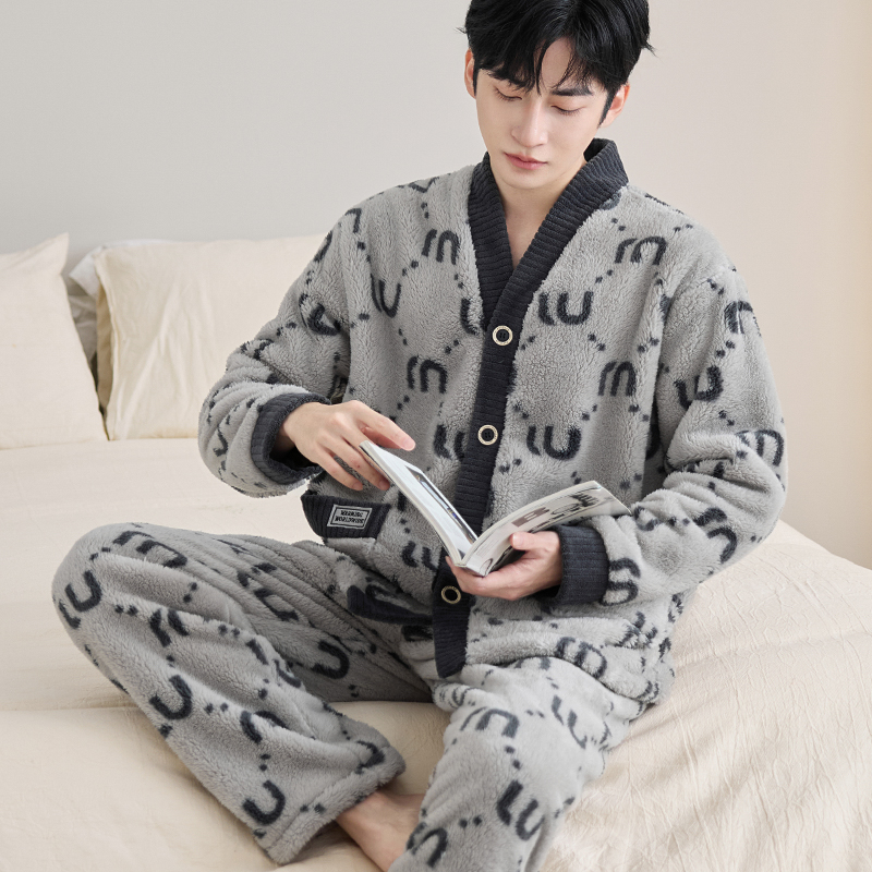 2025新款秋冬季珊瑚绒睡衣加绒加厚保暖青年可外穿男士时尚家居服