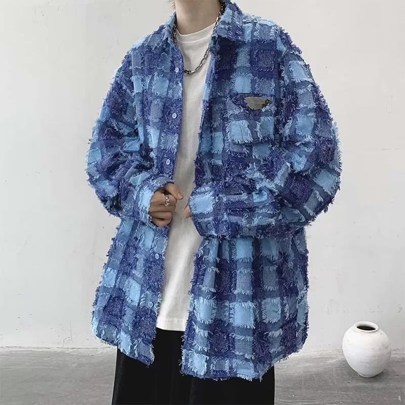 美式流苏格纹设计感小众上衣长袖衬衫hiphop欧美高街格子衬衣男
