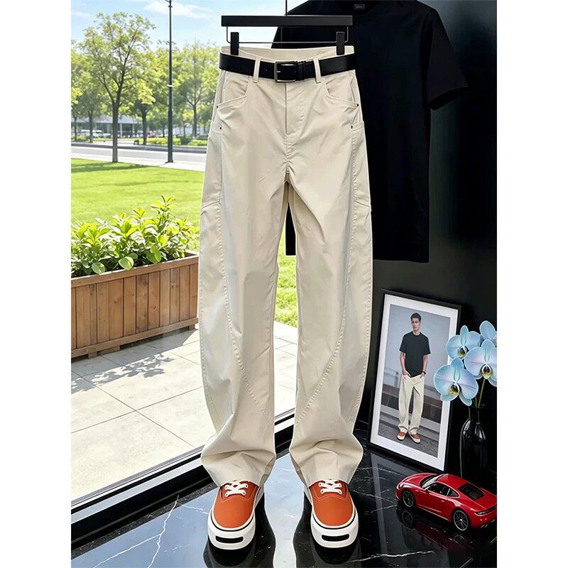 米色斜切速干工装裤男款夏季薄款美式高街弯刀伐木裤子直筒休闲裤