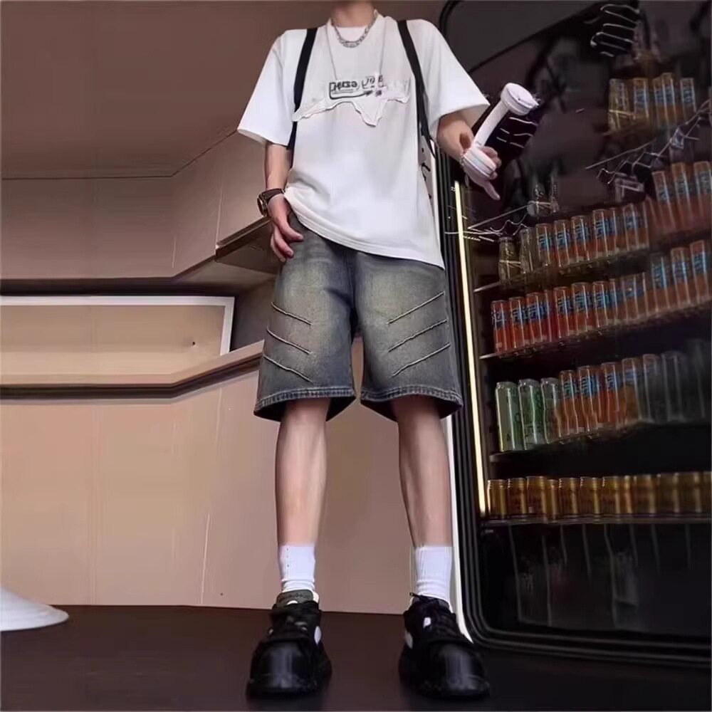 跨境美式水洗牛仔裤男秋季新款复古做旧潮牌日系百搭宽松五分裤子