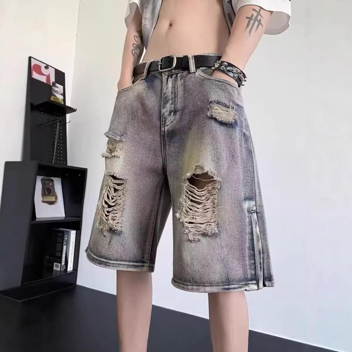 美式潮流水洗破洞阔腿牛仔裤男女同款秋季宽松宽松休闲百搭五分裤
