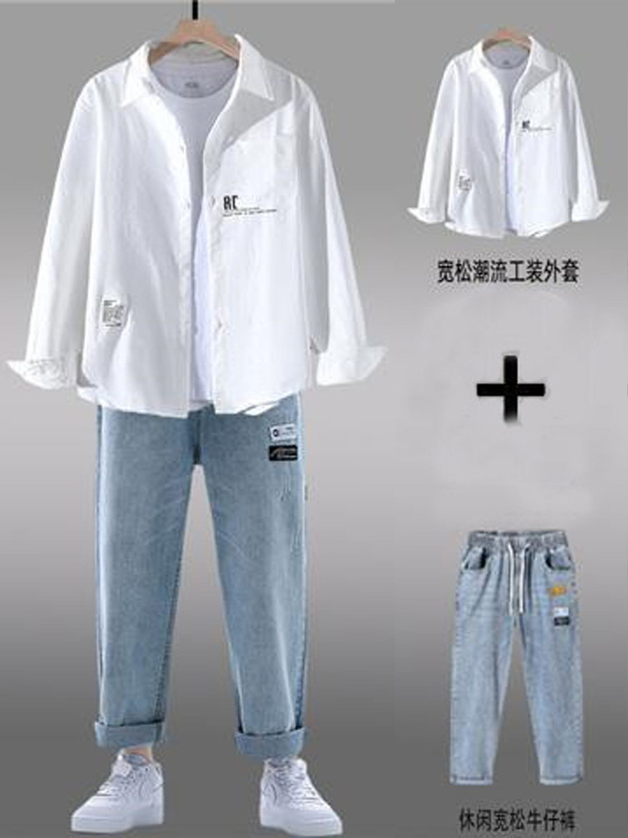 2024 NEW WHITE SHIRT MENS LONG SLEEVE CASUAL TRENDY BRAND SUIT MENS SET A HANDSOME SHIRT JACKET
