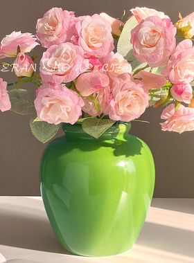 复古简约陶瓷花瓶圆形绿色家居装饰摆件客厅水培鲜花插花器高级感