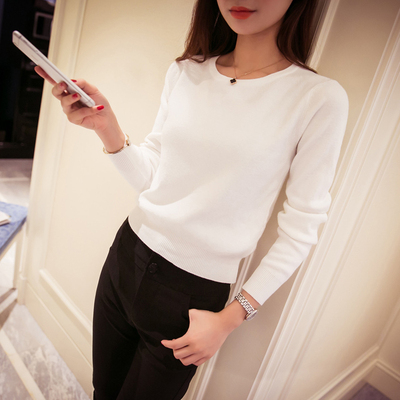 2018秋季新款毛衣女圆领短款套头打底衫秋冬女针织衫女白色打底衫