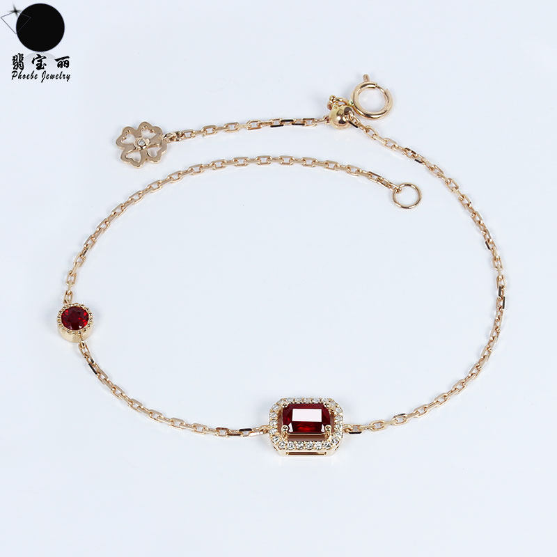 18k玫瑰金天然方形红宝石手链 深红色宝石珠边钻石可调节手链