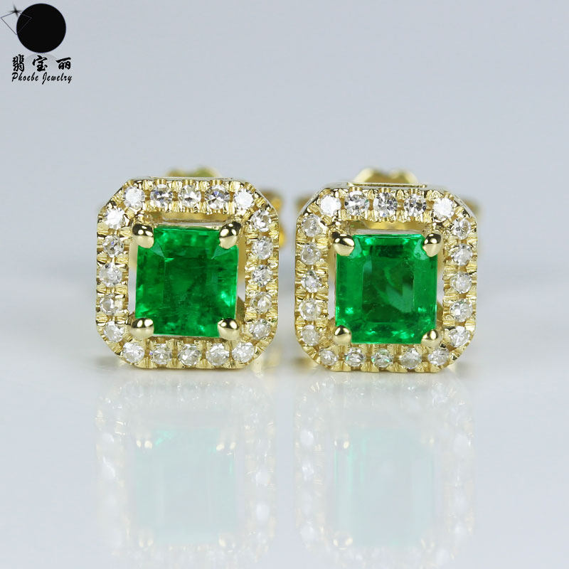 18k黄金伴钻石天然祖母绿耳钉 八角长方形翠亮绿色宝石镶钻石耳环